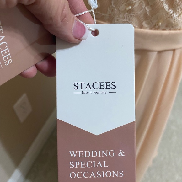 Peach Chiffon Dress A-line/Princess Off-the-Shoulder Sleeveless Tea-Length - Picture 2 of 7